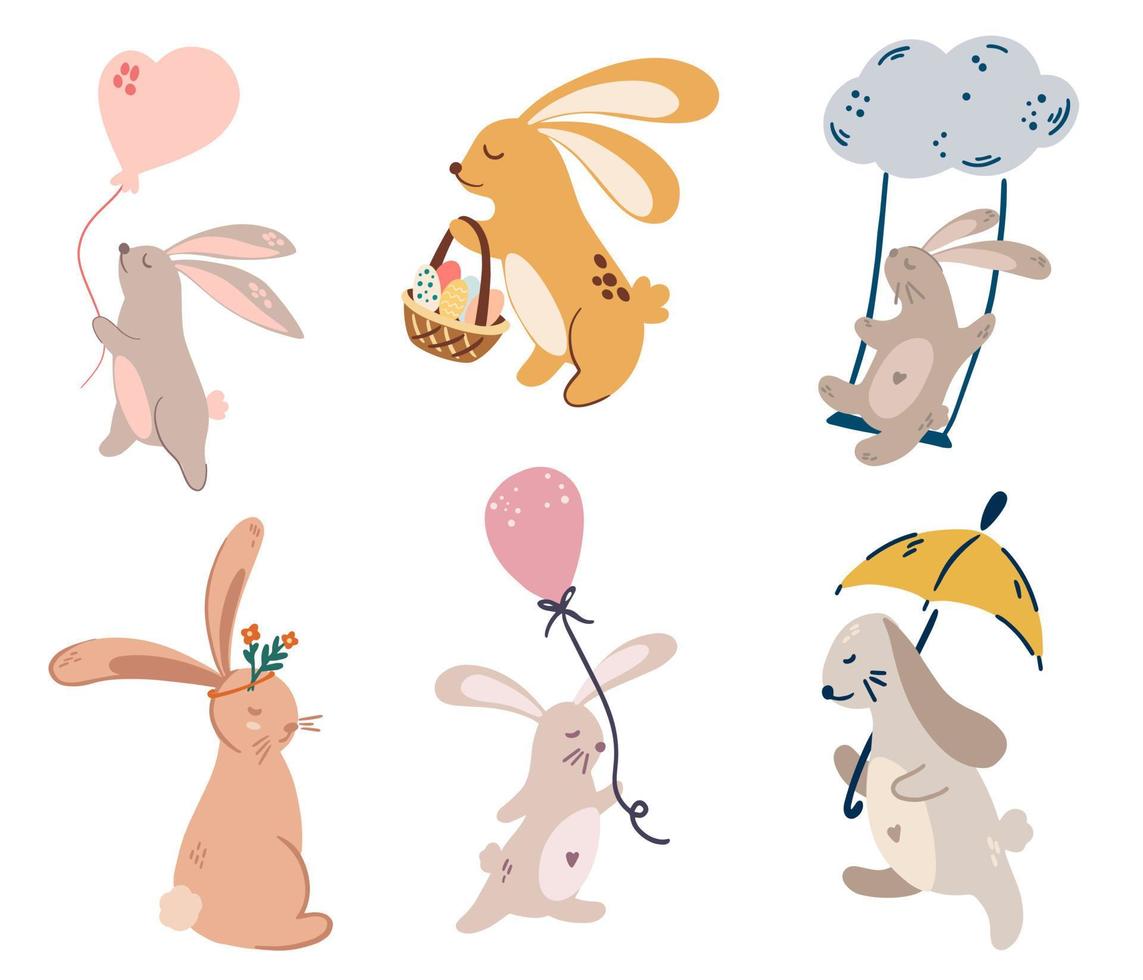 coniglietti impostati. simpatici coniglietti con palloncini, fiori e ombrelli. set perfetto per la stampa di cartoline, stampe e poster per bambini. illustrazione del fumetto di vettore