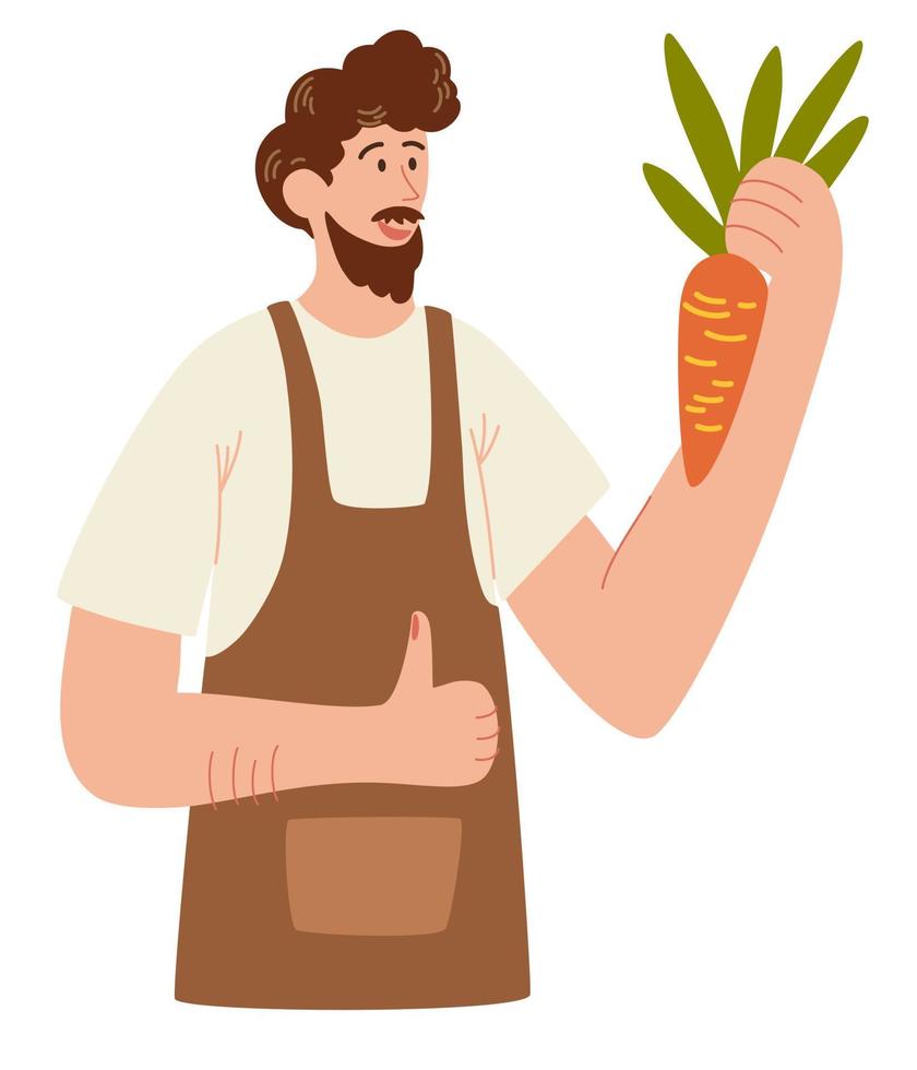 felice contadino che tiene verdure fresche. uomo con raccolto di fattoria biologica. sorridente lavoratore agricolo con ritratto di carota. illustrazione vettoriale piatta
