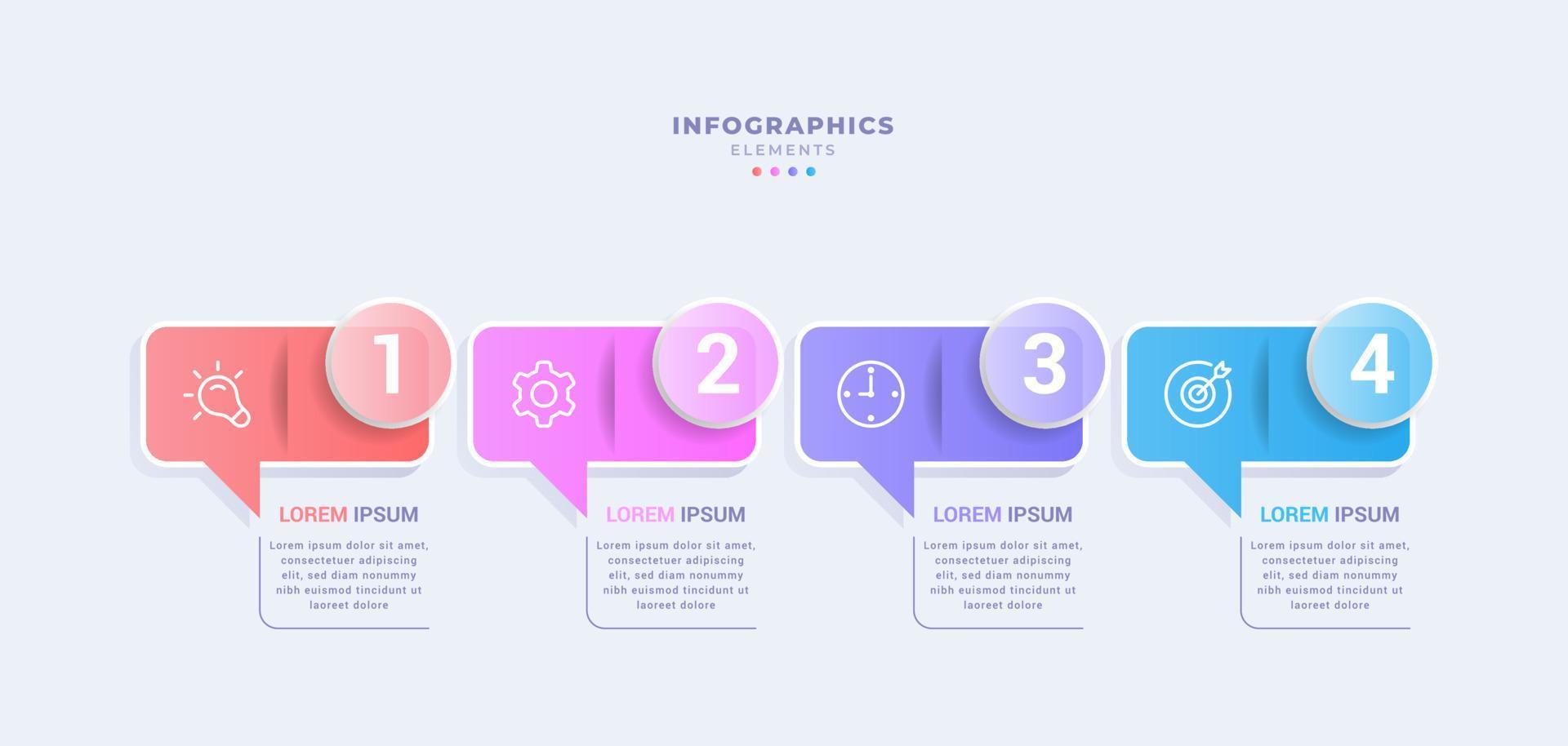 quattro passaggi concetti messaggio diagramma modello di infografica aziendale. stile vetromorfismo. design creativo vettore