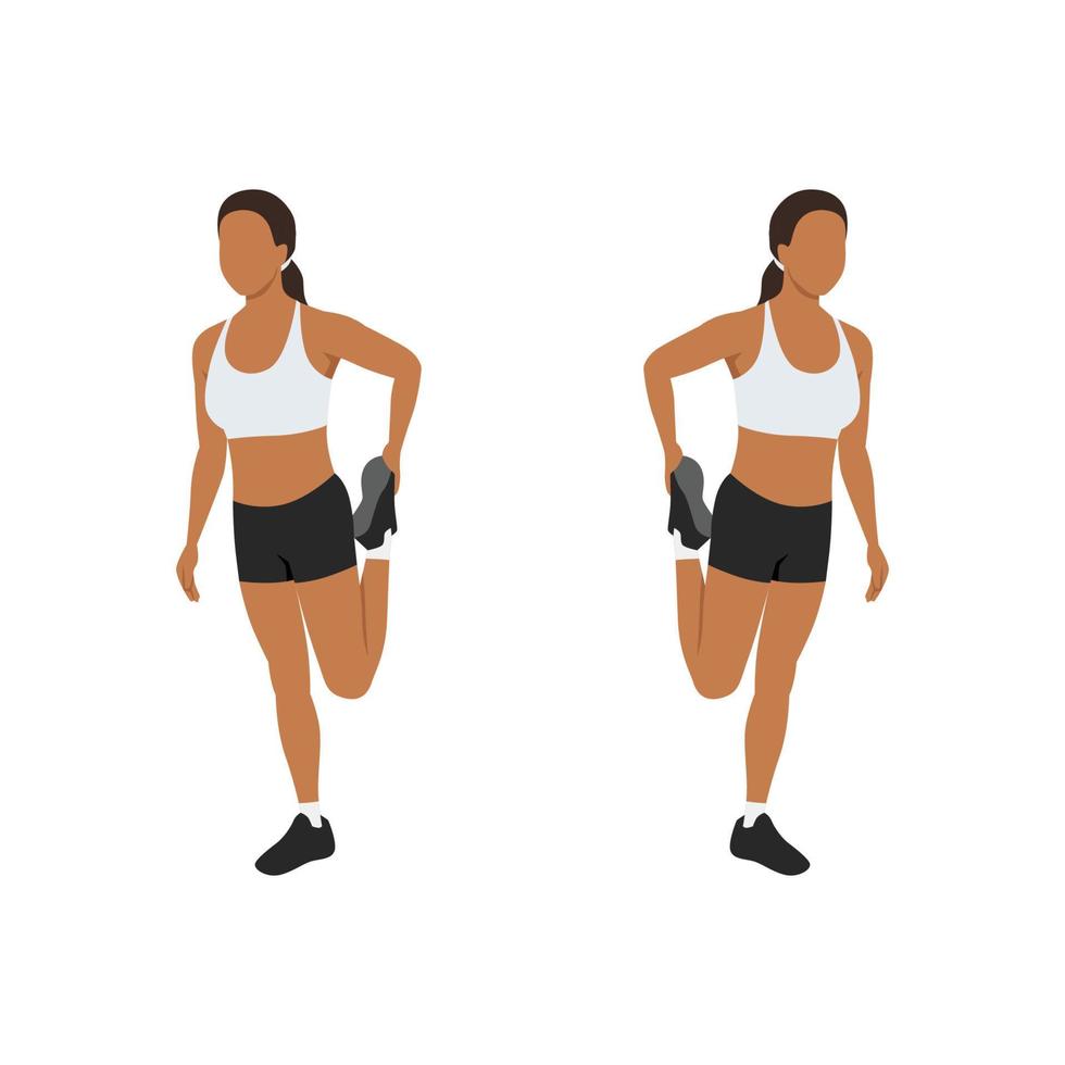 donna che fa esercizio di allungamento quad in piedi. illustrazione vettoriale piatta isolata su sfondo bianco