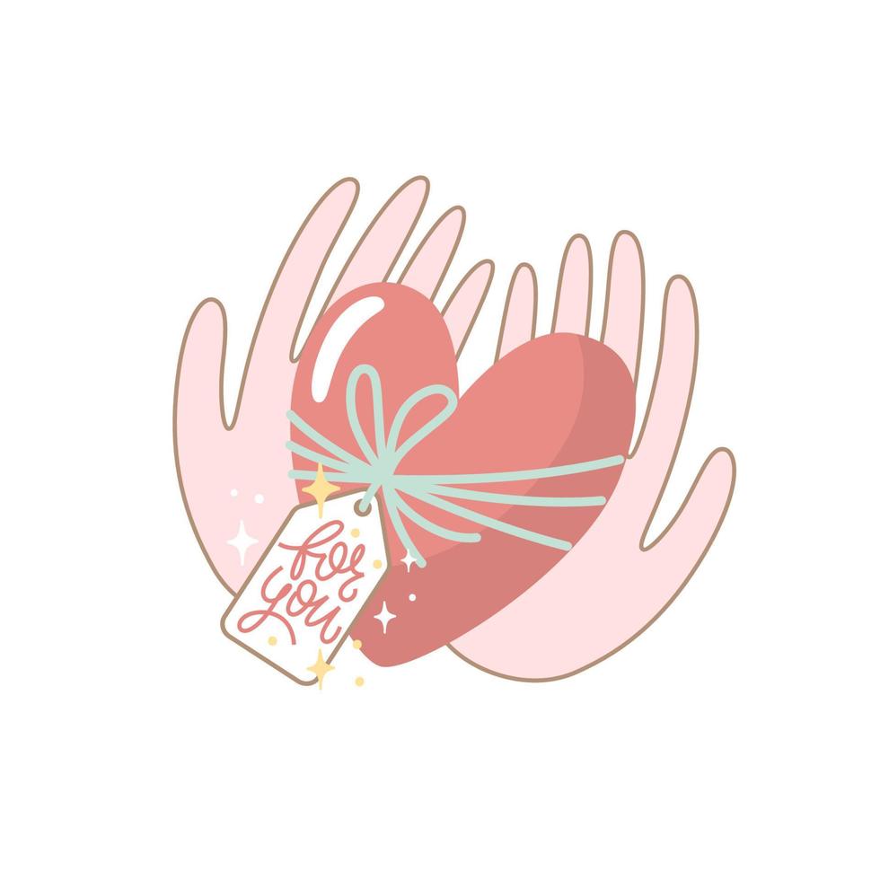 illustrazione vettoriale per San Valentino. un cuore in mano su sfondo bianco. biglietto di auguri creativo con elementi decorativi disegnati a mano. design femminile elegante.