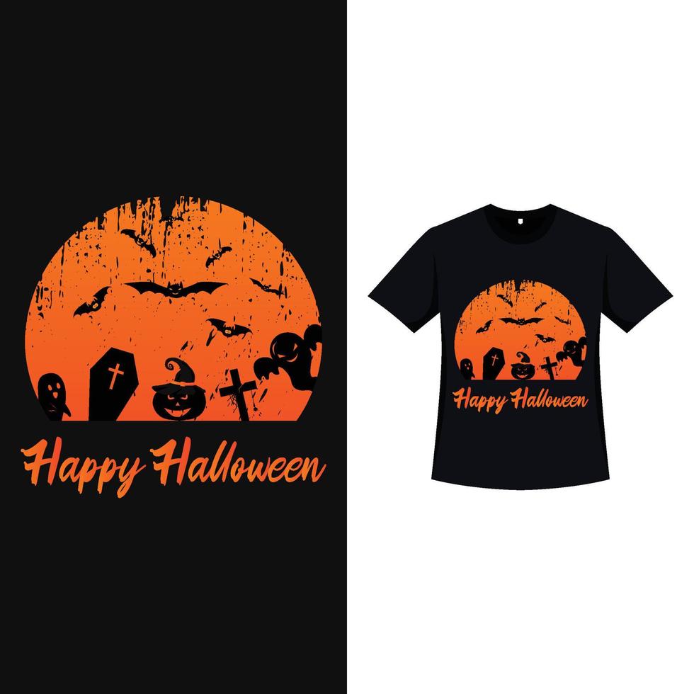 design t-shirt di halloween con colore vintage e fantasma spaventoso. disegno della siluetta dell'elemento infestato con lanterna di zucca, segno cristiano, fantasma, bara, ecc. design spaventoso della t-shirt per l'evento di halloween. vettore