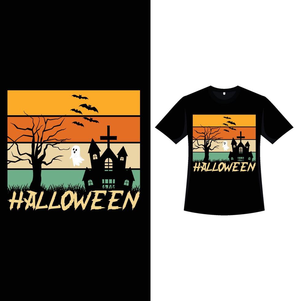 design t-shirt a colori retrò di halloween con una silhouette di albero morto. design di abbigliamento alla moda di Halloween con un cimitero, una casa stregata e un albero morto. design spaventoso della maglietta di colore vintage per l'evento di halloween. vettore