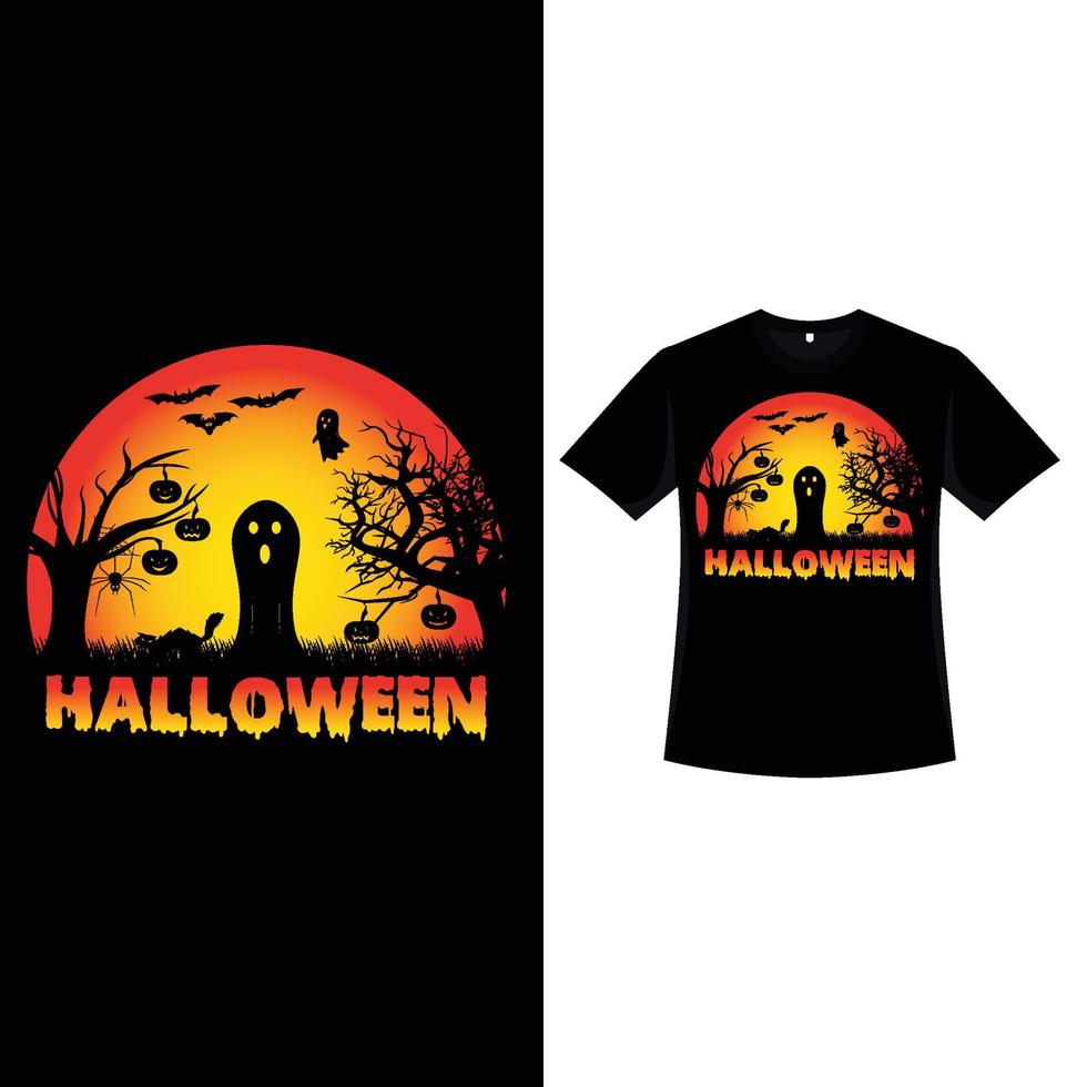 design t-shirt a colori retrò di halloween con una silhouette fantasma spettrale. design di abbigliamento alla moda di Halloween con alberi morti, un fantasma e silhouette di pipistrelli. design spaventoso della maglietta di colore vintage per halloween. vettore