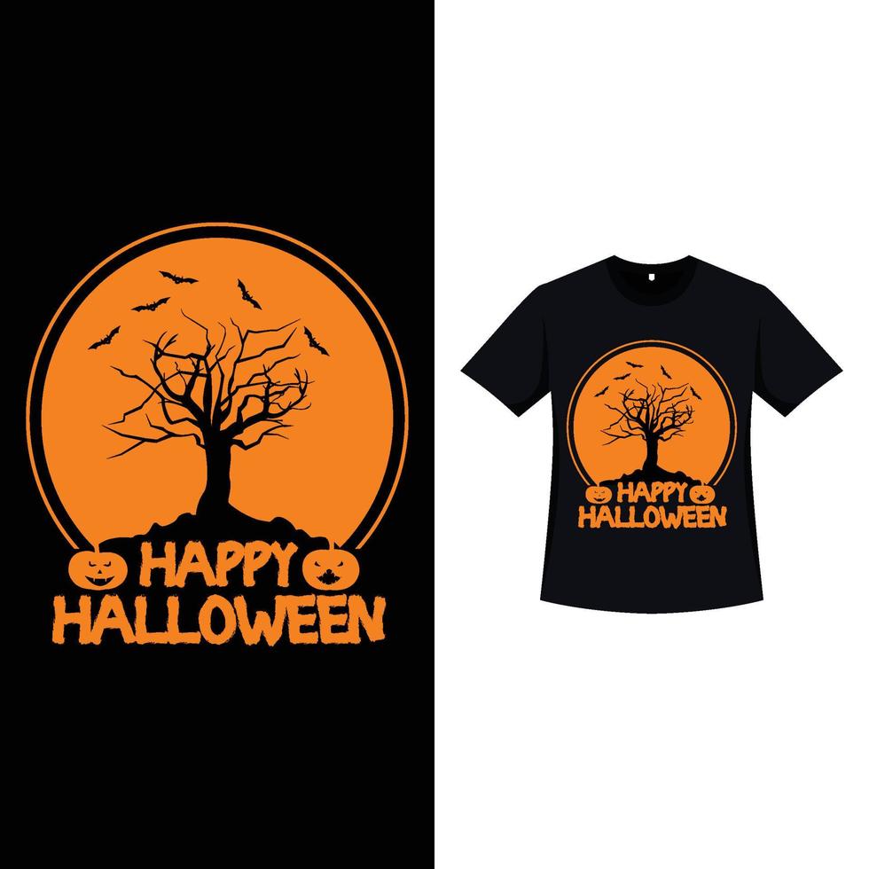 t-shirt di colore nero di halloween con un albero spaventoso all'interno della forma rotonda. disegno della siluetta dell'elemento di halloween con un albero morto e calligrafia. design spettrale della maglietta per halloween. vettore