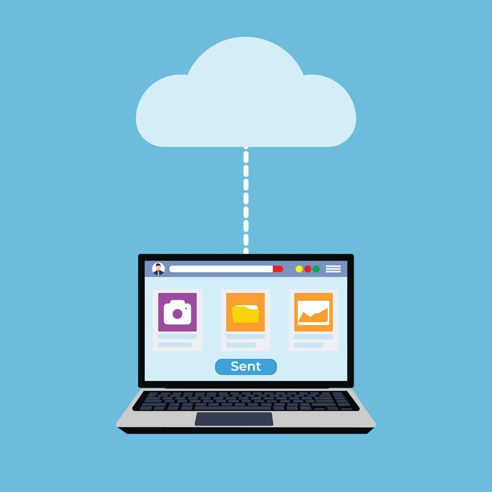 trasferimento di file e informazioni al concetto di archiviazione cloud. server cloud e concetto di archiviazione con un laptop per la condivisione di file. file immagine e icona della fotocamera all'interno di un laptop, concetto di trasformazione dei dati. vettore