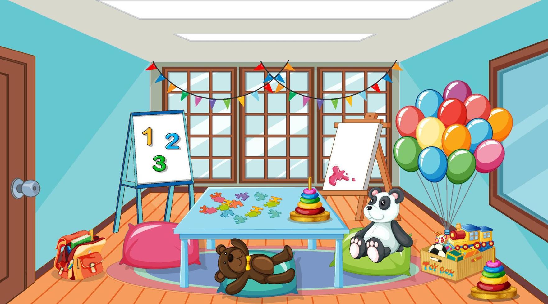 interno vuoto dell'aula dell'asilo con molti giocattoli per bambini vettore