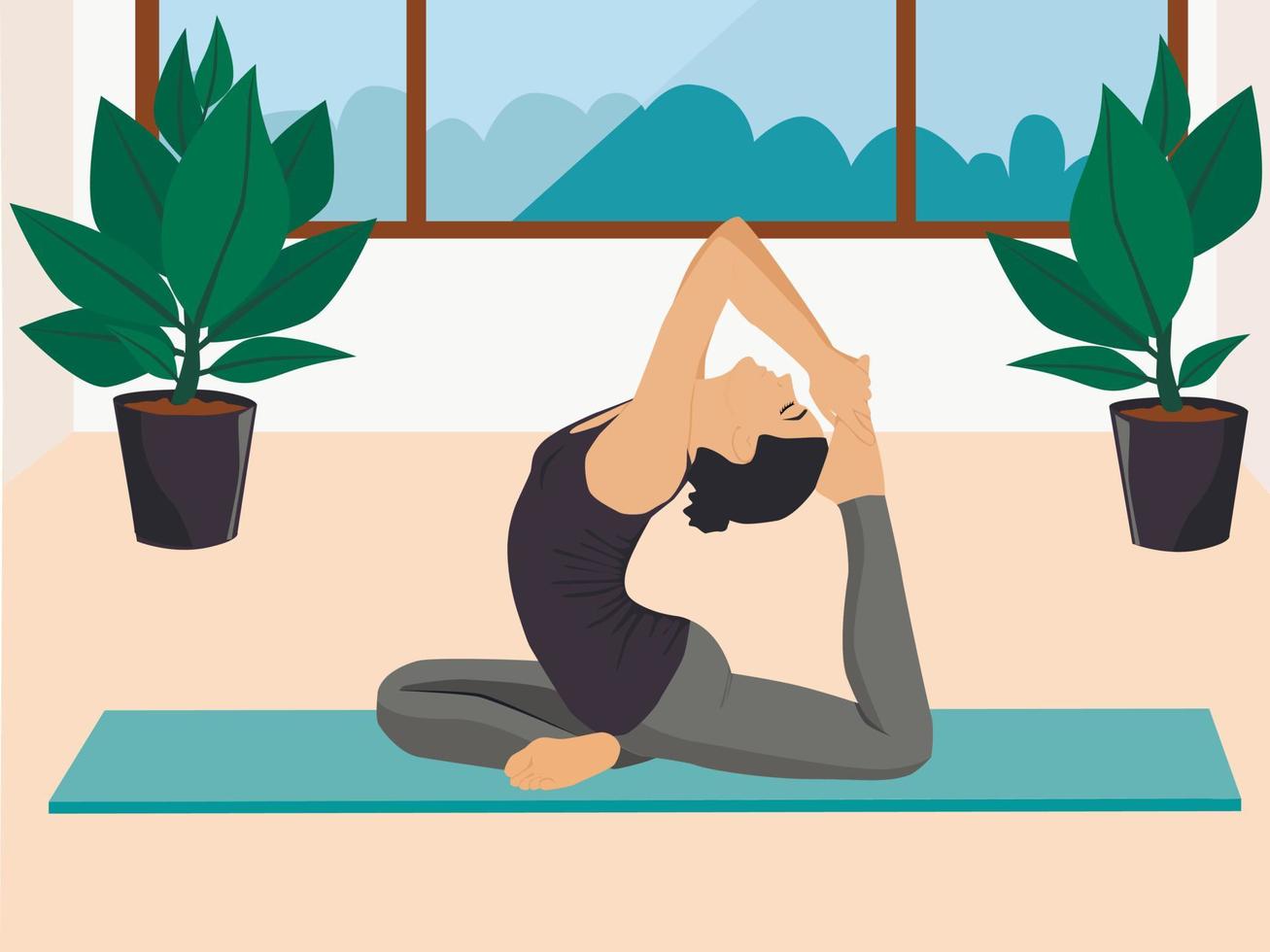 giovane donna seduta in una postura yoga. ragazza che esegue esercizi di aerobica e meditazione mattutina a casa. vettore