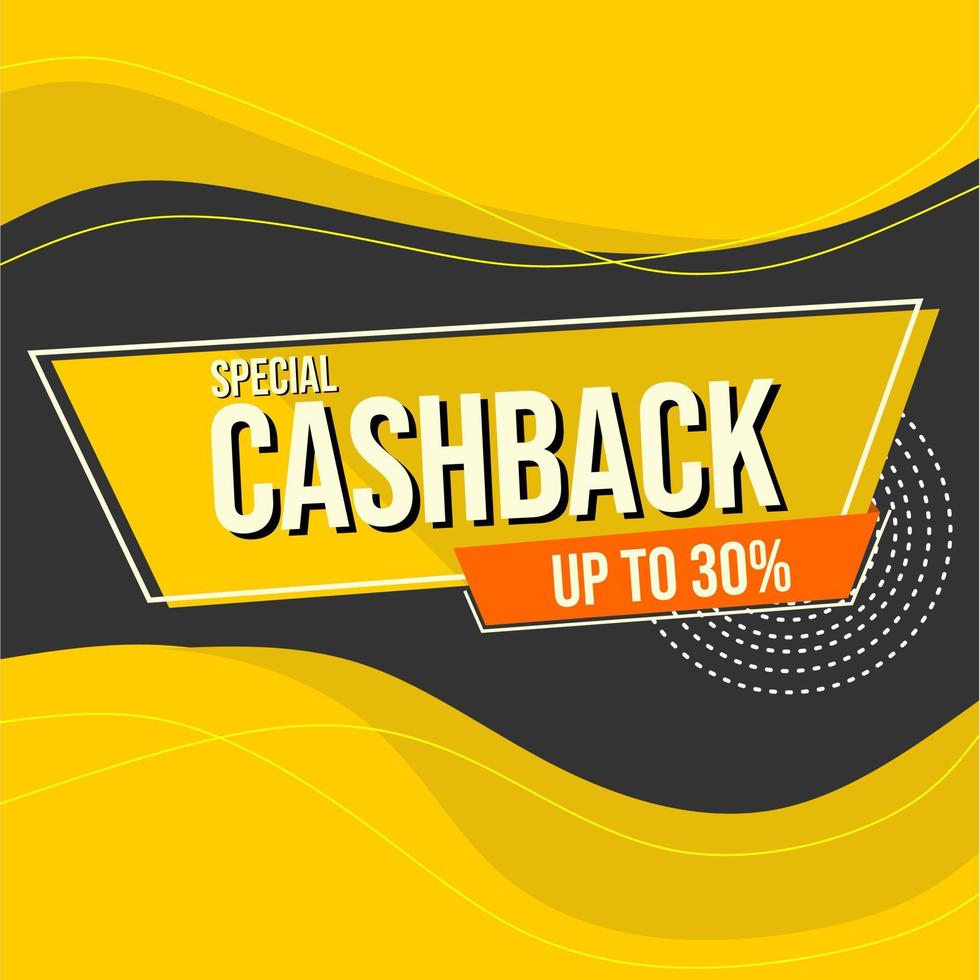 banner promozionale con testo cashback, su sfondo giallo nero e ornamento a motivo curvo vettore