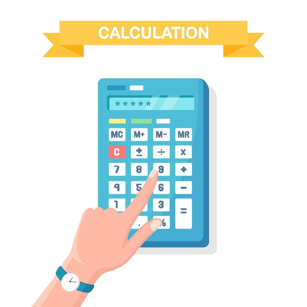 calcolo, concetto di conto. calcolatrice per mano, pulsante toccando il dito. finanza e contabilità, istruzione. disegno del fumetto vettoriale