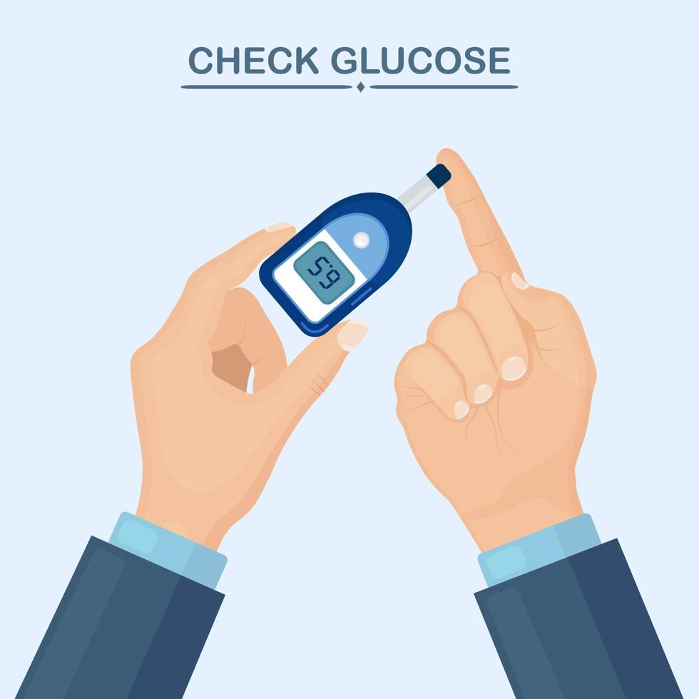 controllare il glucosio con il glucometro. esame del sangue. disegno vettoriale