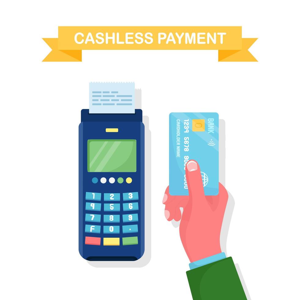 terminale pos con scontrino, fattura. pagamento senza contanti con carta di credito o debito. sistema NFC. macchina elettronica per transazione bancaria. disegno vettoriale