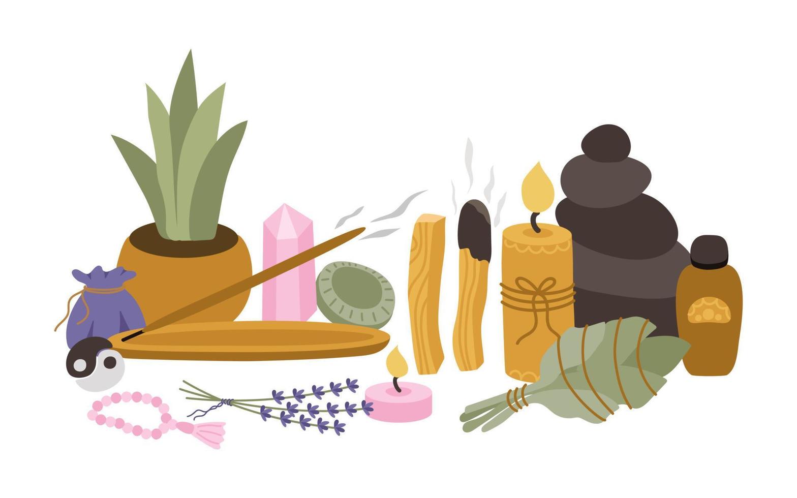 materie per la pratica di yoga e meditazione, riposo e relax. bastoncini palo santo, salvia, aromaterapia, cristalli, rosari, candele, lavanda, olio, yin yang, aloe, pietre. illustrazione vettoriale. vettore