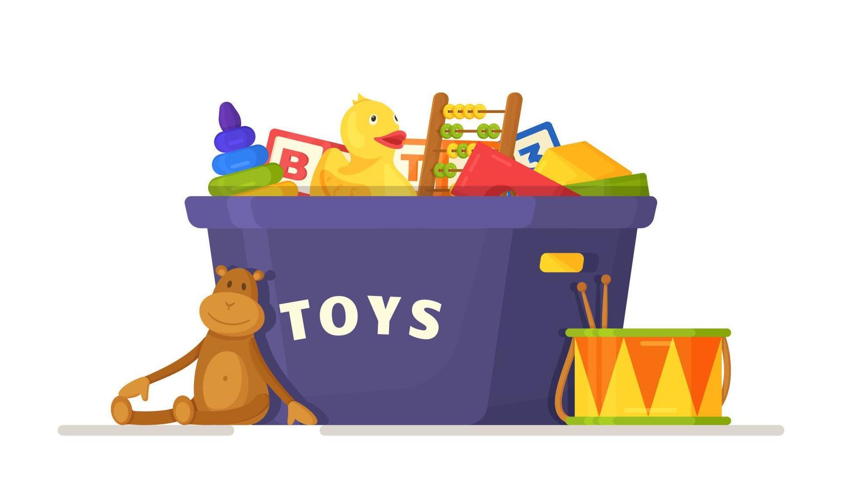 illustrazione vettoriale della scatola dei giocattoli. pulizia nella camera dei bambini.