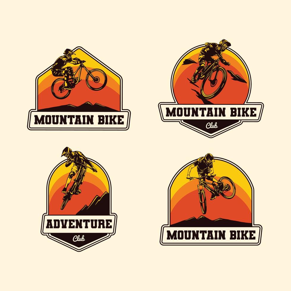 set vettore disegnato a mano avventura in discesa mountain bike logo etichetta distintivo