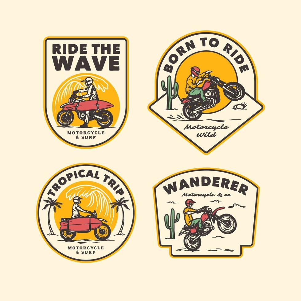 impostare il distintivo dell'etichetta del logo del club motociclistico di avventura vintage disegnato a mano di vettore