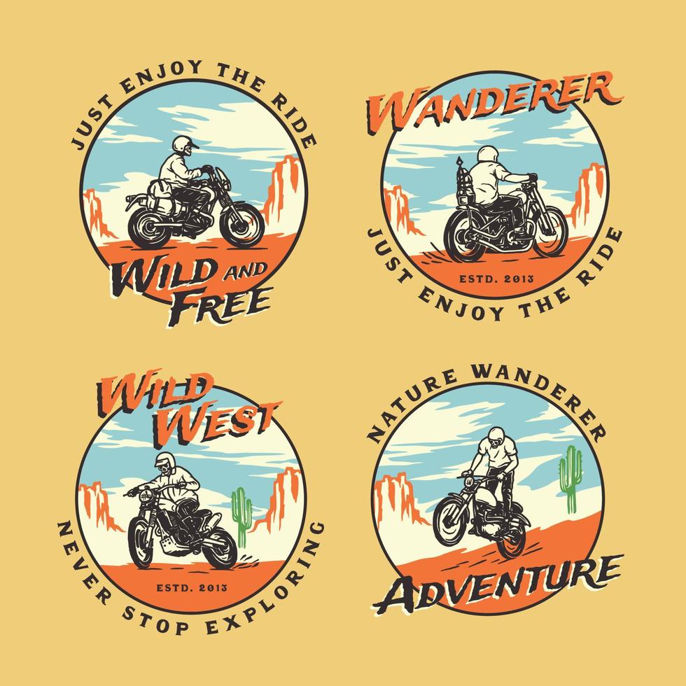 impostare il distintivo dell'etichetta del logo dell'avventura della vita selvaggia della moto d'epoca disegnata a mano di vettore