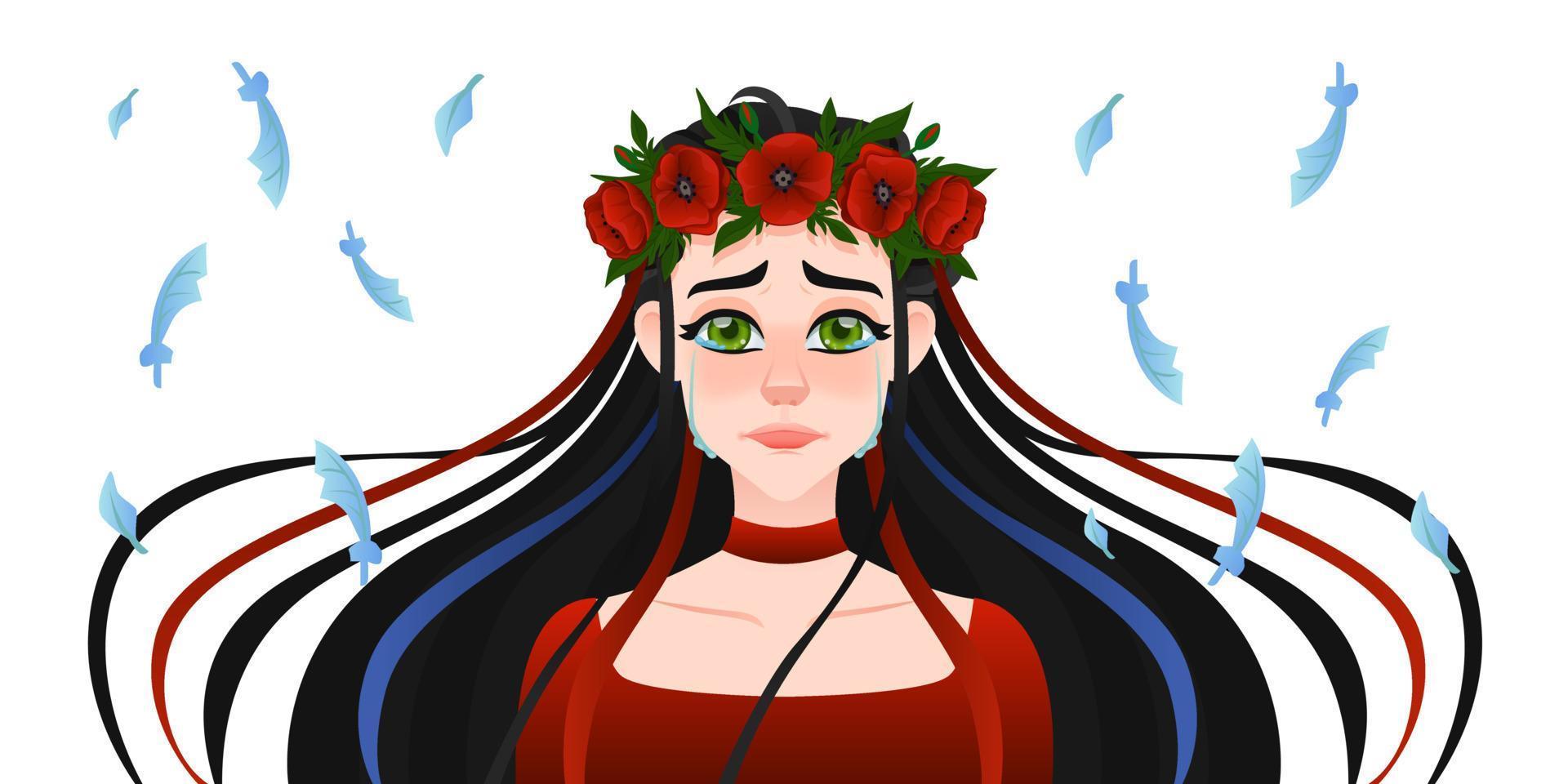 giovane donna bellissima bruna con corona di fiori sul ritratto testa con papaveri rossi e piume vettore