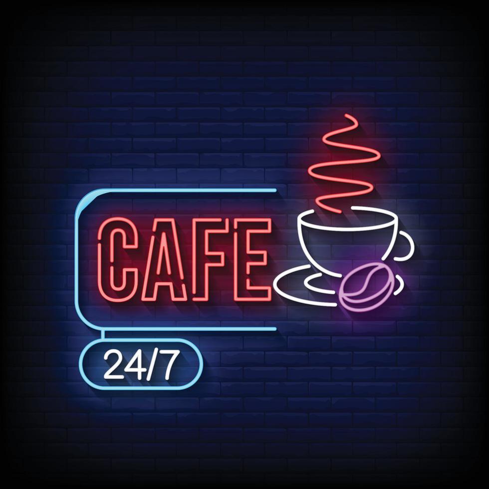cafe 24 7 insegne al neon stile testo vettoriale