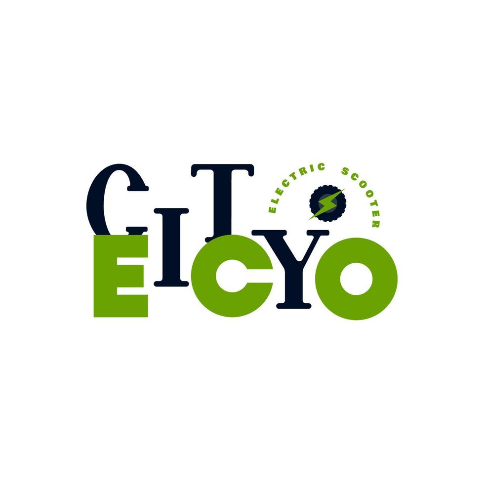 logo eco city scooter elettrico. concetto di ecologia. segno di ruota. disegno vettoriale. trasporto ecologico. logotipo per negozio, negozio, web. vettore