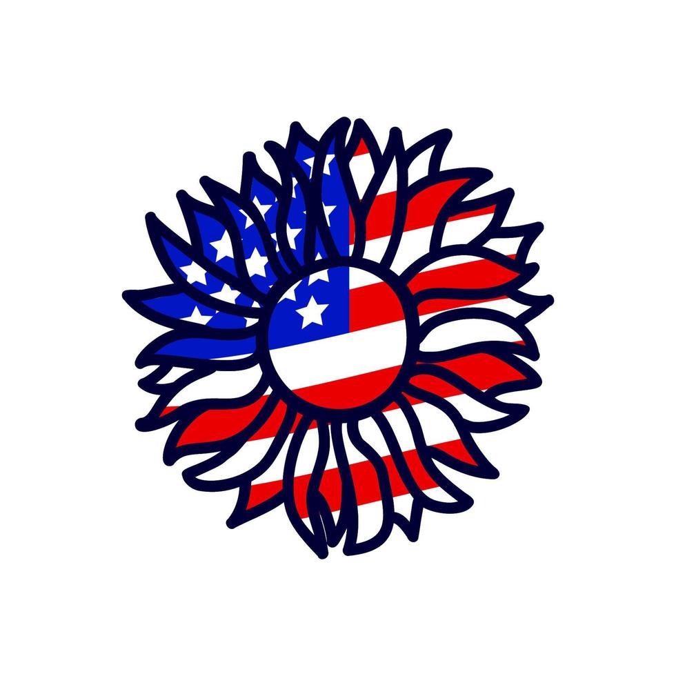 colore girasole della bandiera americana. illustrazione vettoriale. 4 luglio, giorno dell'indipendenza. tamplate per il design della stampa di t-shirt, biglietto di auguri, adesivo. fiore di disegno a mano. stelle e strisce vettore