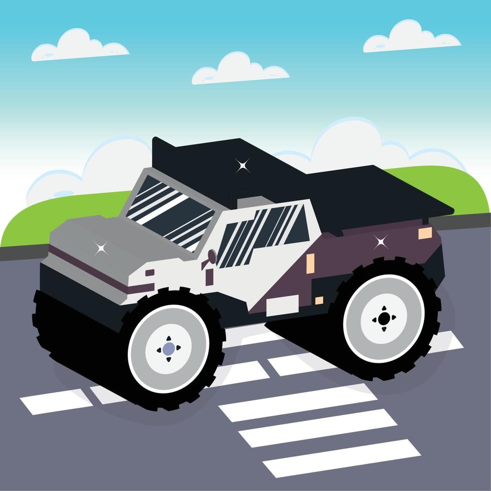 isolato monster truck 3d giù per la strada vettore