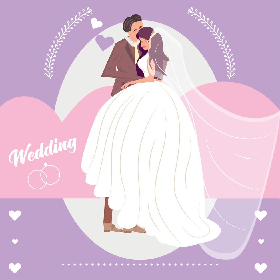 felice coppia di cartoni animati sposati che si abbracciano vettore modello di matrimonio