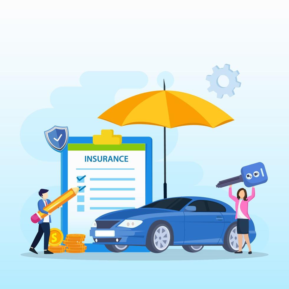 modulo polizza assicurazione auto con ombrellone. agente assicurativo, protezione, danni o vettore di collisione
