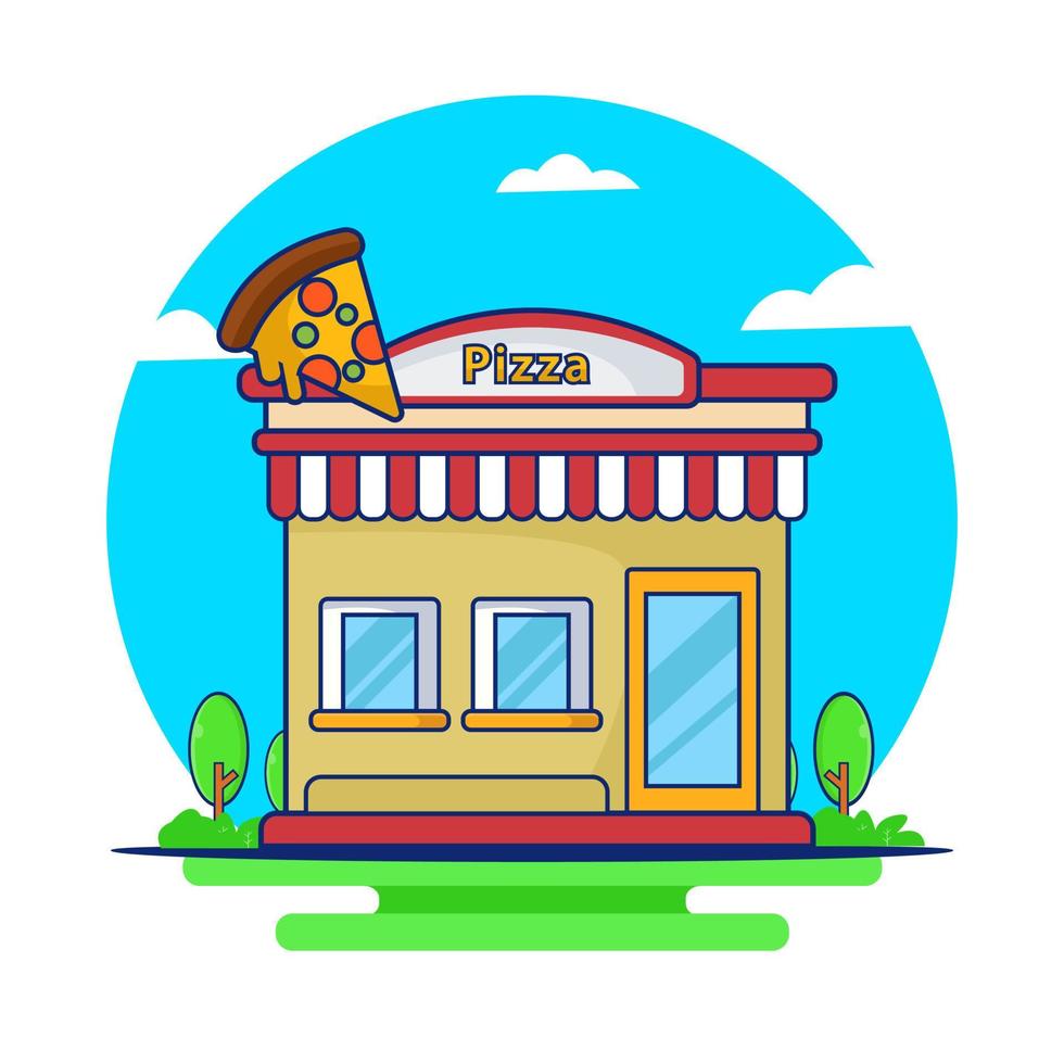 illustrazione del disegno vettoriale del logo dell'icona della pizza del negozio di architettura dell'edificio. logo del ristorante fast food.