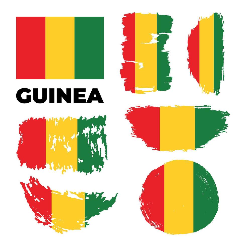 set di 3 bandiera con texture grunge della guinea, tre versioni della bandiera nazionale del paese in stile dipinto di pennellate. bandiere vettoriali. illustrazione vettoriale