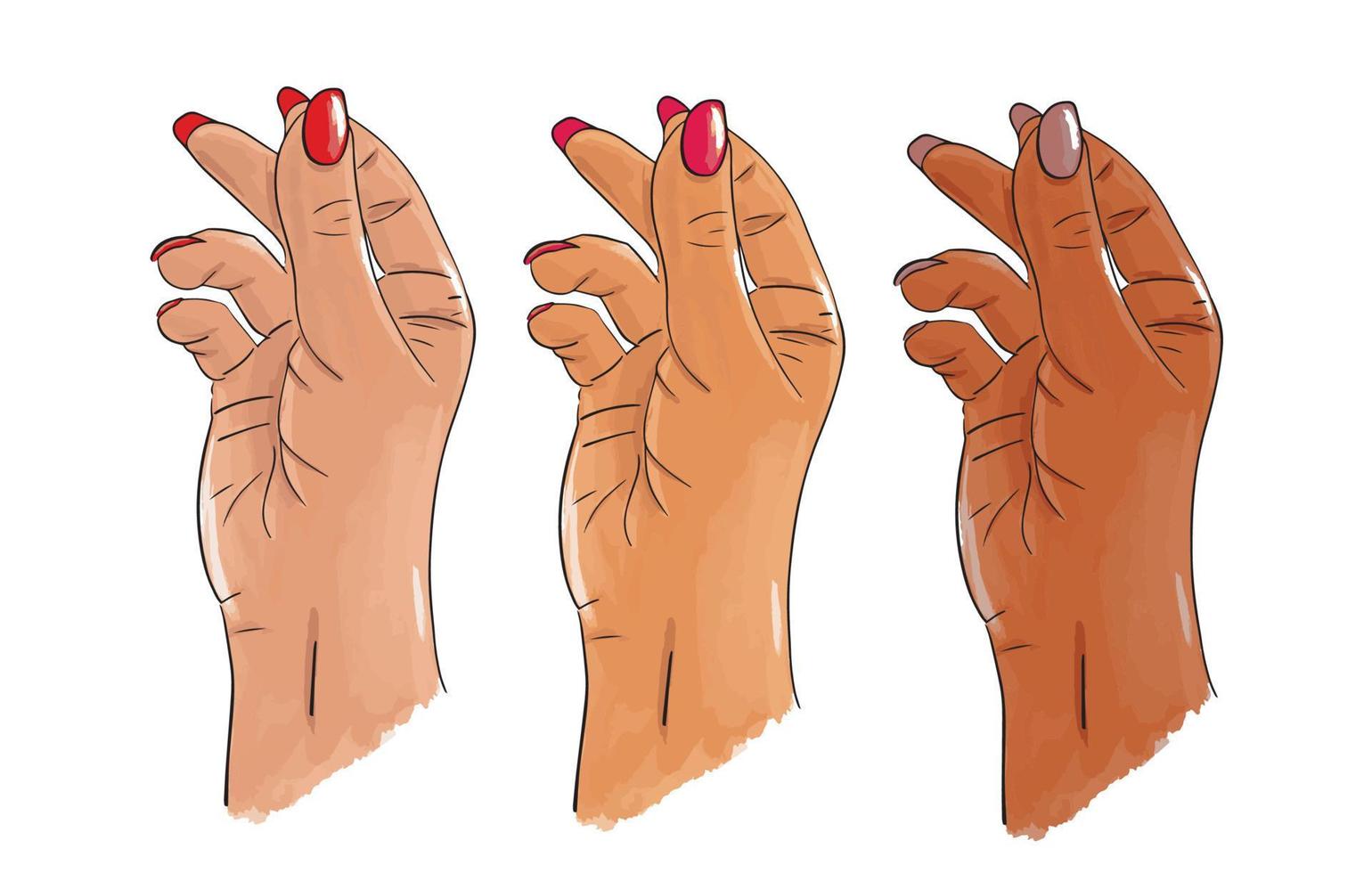 mani bianche, asiatiche e afroamericane. mano femminile disegnata a mano con unghie lunghe che schioccano il gesto del dito. adesivo, illustrazione stock vettoriale isolato su bianco. schizzo in stile pop art. richiamare l'attenzione.