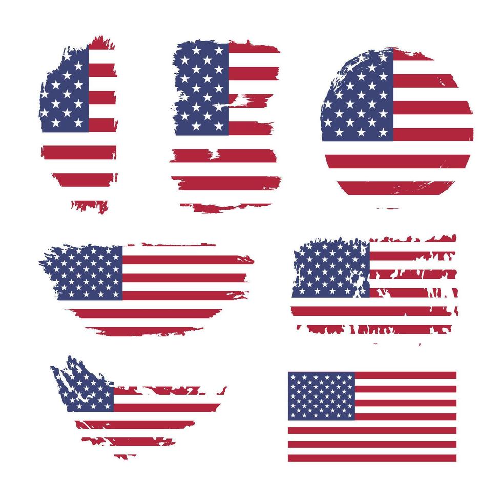 bandiera del grunge degli stati uniti. set di bandiera americana d'epoca. illustrazione di riserva di vettore. 4 luglio, onda sgangherata del giorno dell'indipendenza americana nei colori della bandiera nazionale su sfondo bianco. vettore