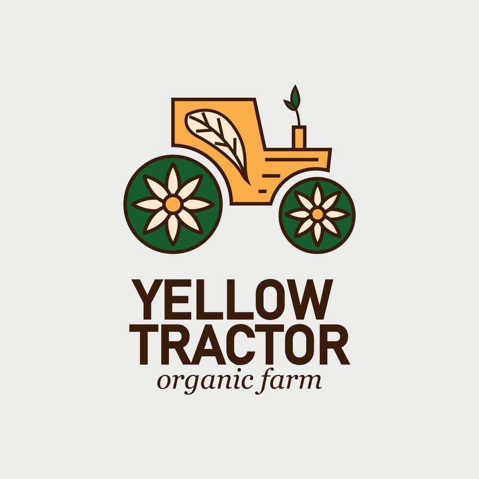 concetto di design del logo dell'azienda agricola con il trattore su giallo vettore
