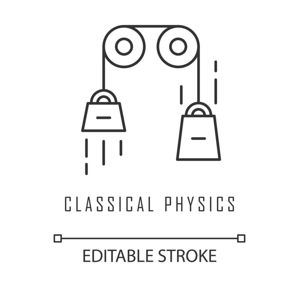 icona lineare della fisica classica. leggi del moto e della gravitazione. esperimento fisico di cinematica teorica. illustrazione al tratto sottile. simbolo di contorno. disegno di contorno isolato vettoriale. tratto modificabile vettore