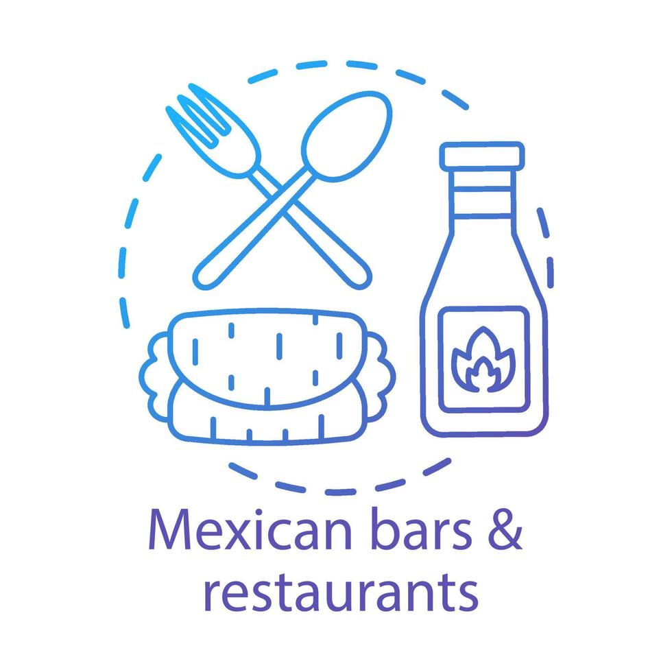 icona del concetto di bar e ristoranti messicani. kebab, salsa al peperoncino, posate. burrito tradizionale. illustrazione di linea sottile idea bistrot pasto piccante. disegno vettoriale isolato profilo. tratto modificabile
