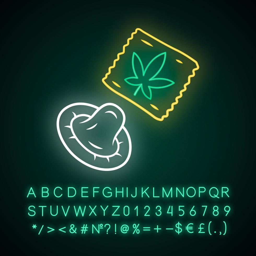 icona della luce al neon del preservativo cbd. contraccezione. industria della cannabis. produzione di ganja. malattie veneree, prevenzione della gravidanza. segno luminoso con alfabeto, numeri e simboli. illustrazione vettoriale isolato