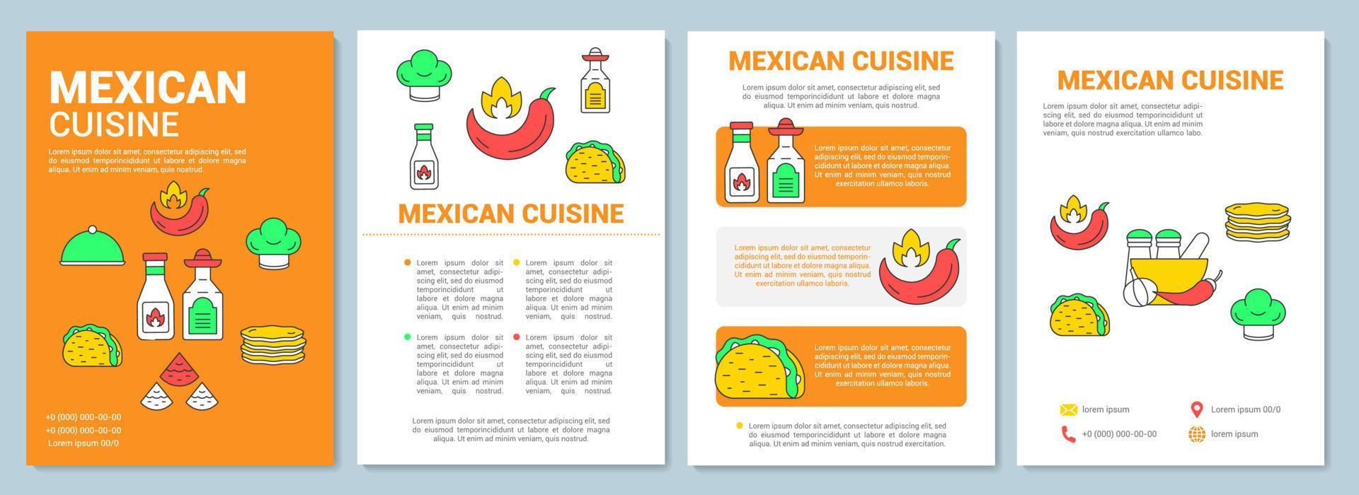 layout del modello di brochure di cucina messicana. Messico cibo tradizionale volantino, opuscolo, stampa di volantini con illustrazioni lineari. layout di pagine vettoriali per riviste, relazioni annuali, manifesti pubblicitari