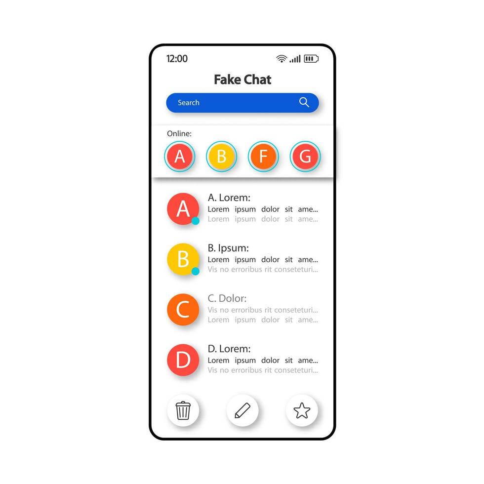 falsi messaggi di chat modello vettoriale dell'interfaccia dello smartphone. layout del design del colore della pagina dell'app mobile. schermata delle notifiche di account utente falsi. interfaccia utente piatta per l'applicazione. display del telefono con tecnologia truffa