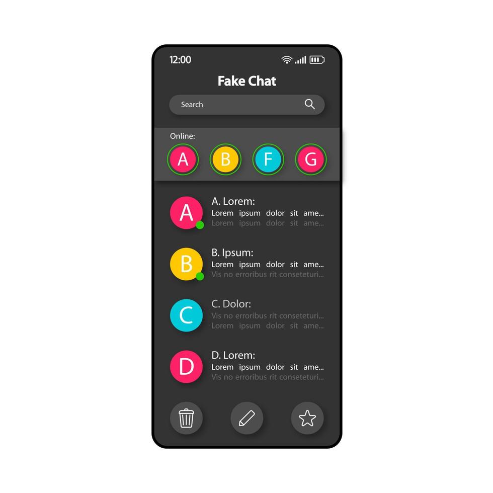 modello vettoriale dell'interfaccia dello smartphone per la creazione di chat false. layout del design del colore della pagina dell'app mobile. schermata del creatore di conversazioni false. interfaccia utente piatta per l'applicazione. visualizzazione del telefono di messaggi di account falsi