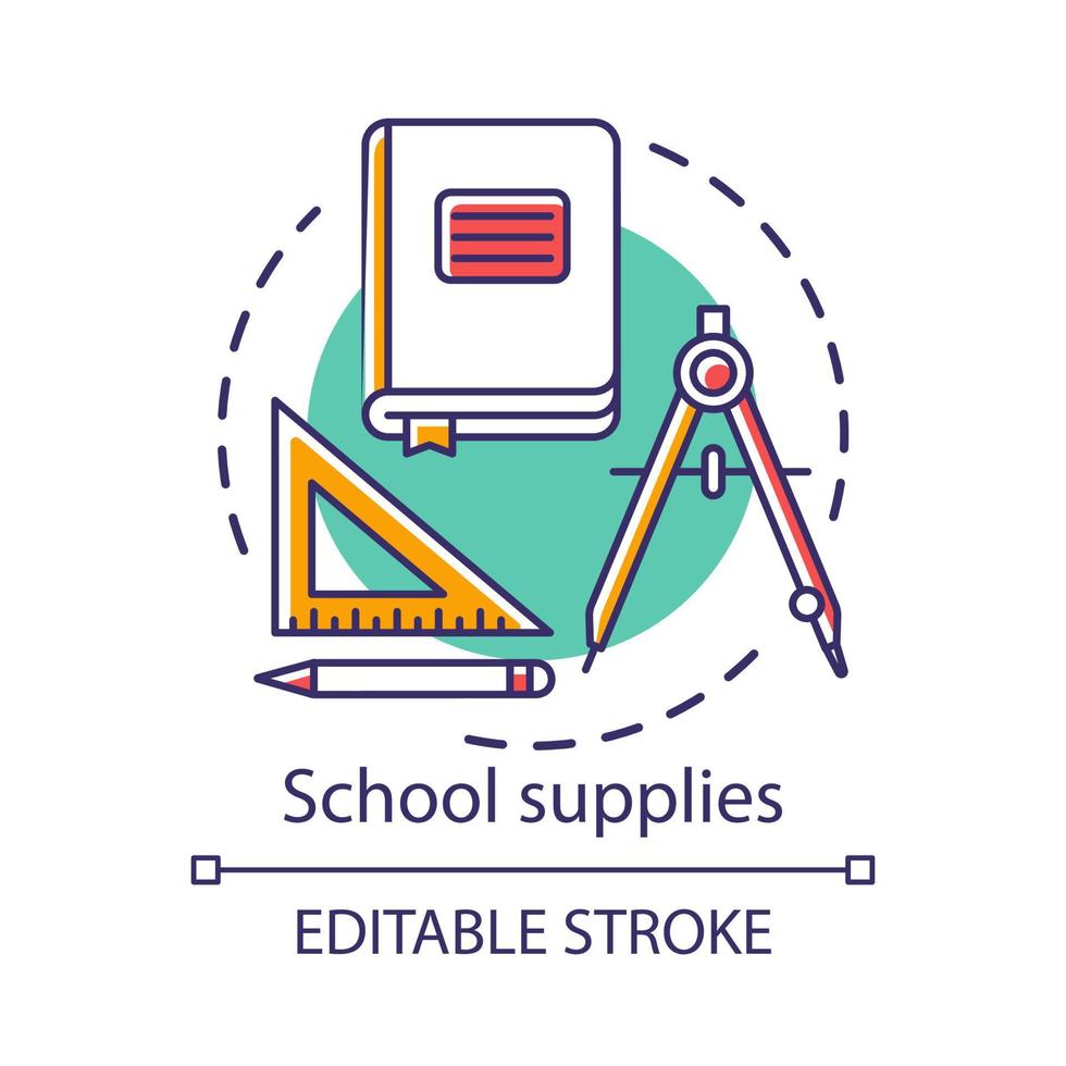 materiale scolastico, icona del concetto di strumenti per studenti. articoli di cancelleria negozio idea pubblicità linea sottile illustrazione. libro, divisori e righello con disegno di contorno isolato vettore matita. tratto modificabile