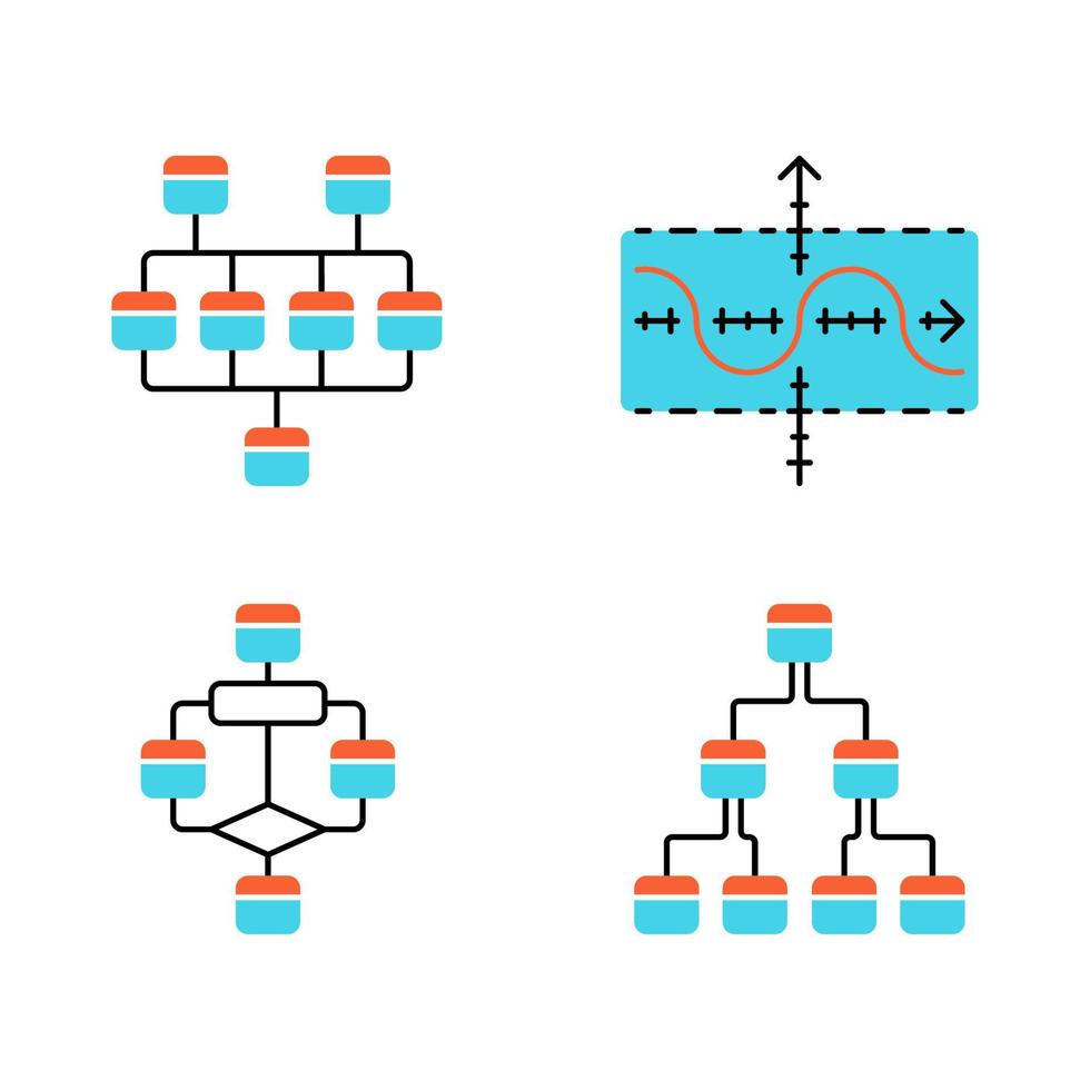 diagrammi colore icone impostate. rete, albero, grafico funzionale, diagramma di flusso. pianificazione, flusso di processo. visualizzazione dati statistici. rappresentazione simbolica di informazioni. illustrazioni vettoriali isolate