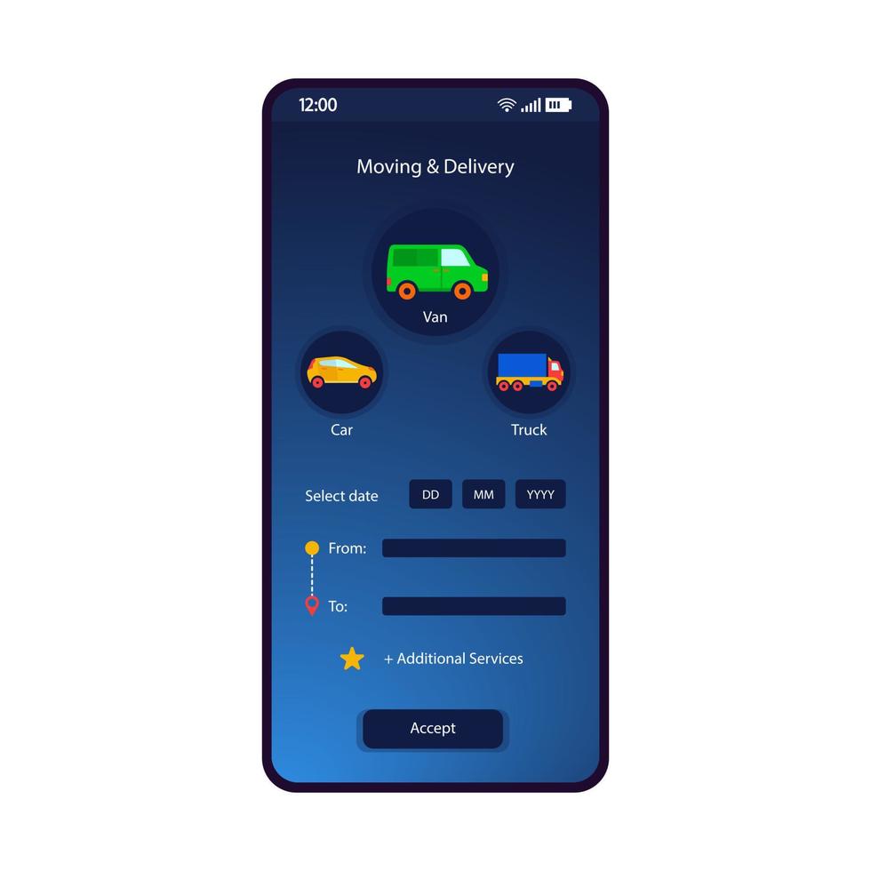 modello vettoriale dell'interfaccia dello smartphone per la prenotazione dei trasporti. layout di design blu della pagina dell'app mobile. veicolo in movimento, schermata del tracker di consegna. interfaccia utente piatta per l'applicazione. noleggio online di auto, furgoni, camion. display del telefono