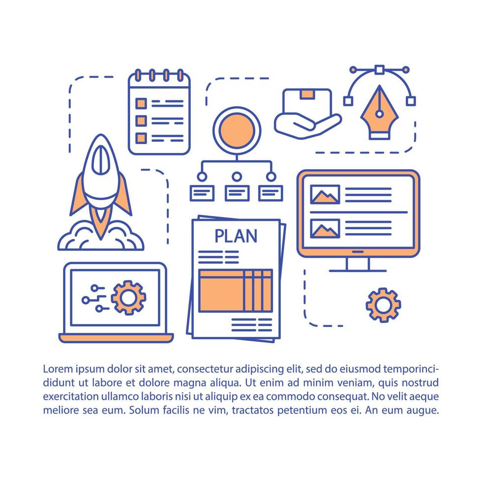 modello vettoriale della pagina dell'articolo di creazione del prototipo. piano di avvio. mvp. brochure, rivista, elemento di design opuscolo con icone lineari e caselle di testo. disegno di stampa. illustrazioni concettuali con spazio di testo