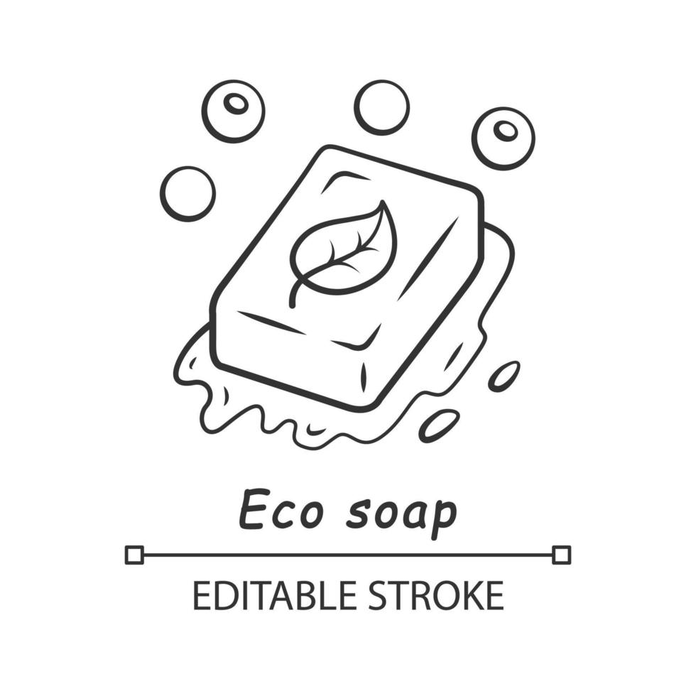 icona lineare di sapone ecologico. sapone da bucato naturale fatto a mano. prodotto di pulizia biologico. balneazione, igiene accessorio. illustrazione al tratto sottile. simbolo di contorno. disegno di contorno isolato vettoriale. tratto modificabile vettore