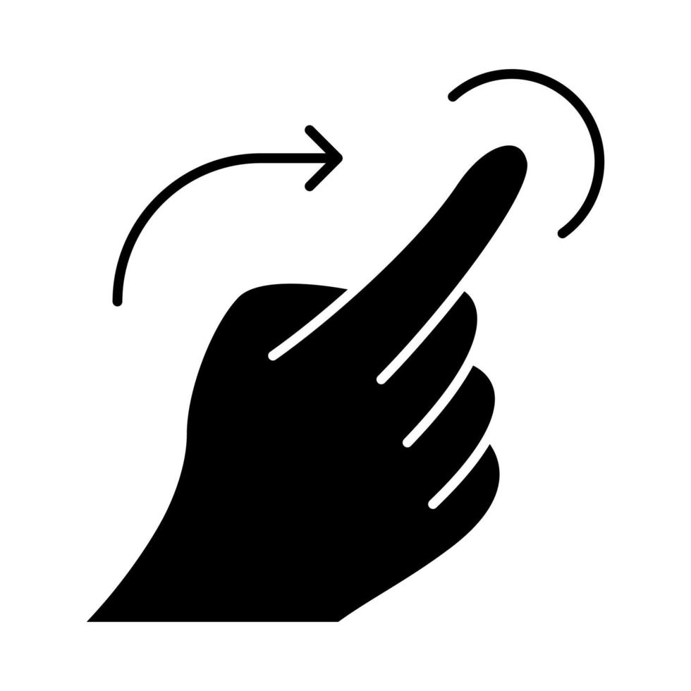 scorri l'icona del glifo con il gesto destro. gesticolazione del touchscreen. mano e dita umane. utilizzando dispositivi sensoriali. simbolo della sagoma. spazio negativo. illustrazione vettoriale isolato