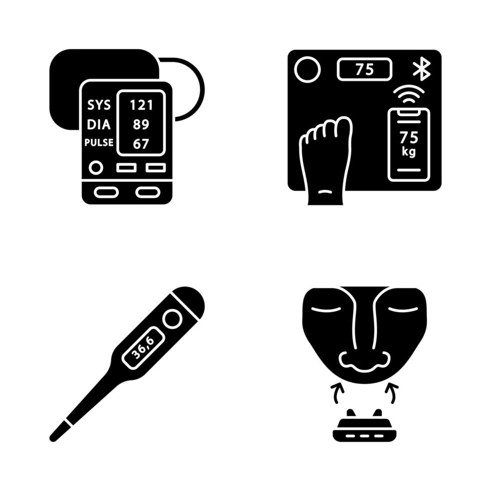 set di icone del glifo per dispositivi medici. sfigmomanometro, bilancia intelligente per il peso corporeo, termometro digitale, clip anti russamento. temperatura, cardiofrequenzimetro. simboli di sagoma. illustrazione vettoriale isolato