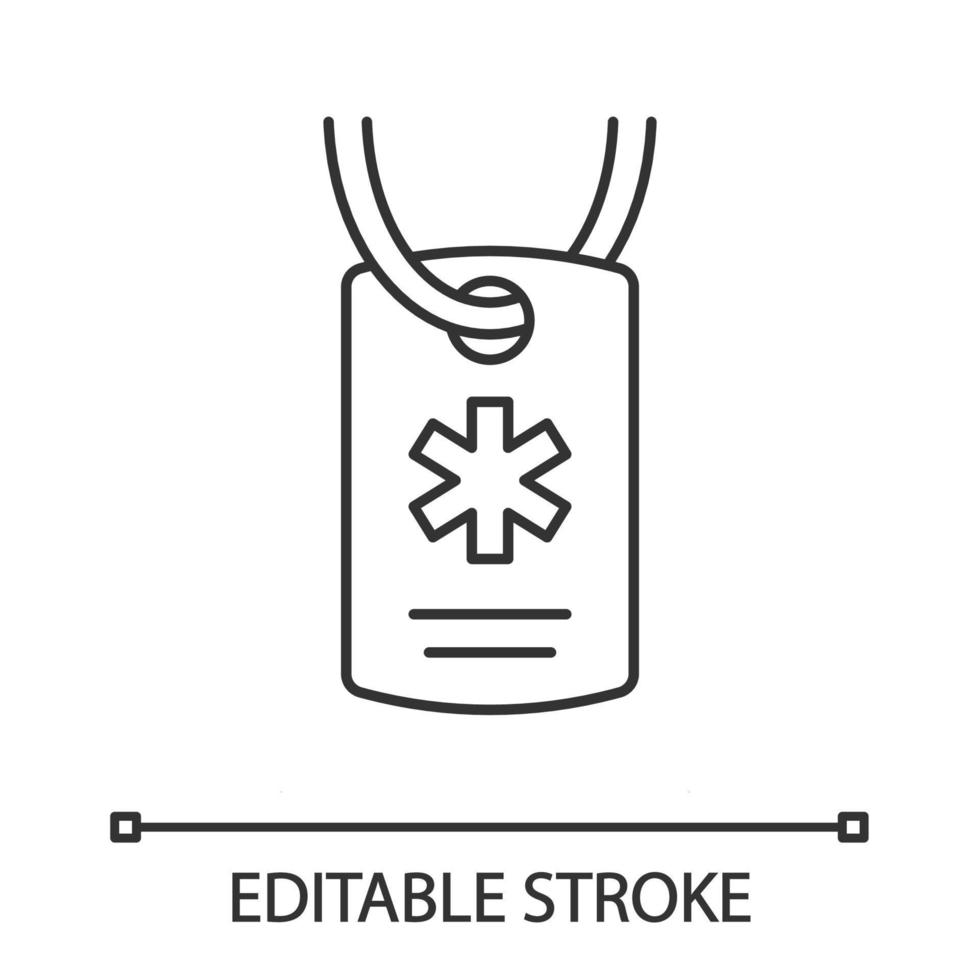 icona lineare della collana di identificazione medica. pronto soccorso, accessorio di emergenza. gioielli di avviso di identificazione. cartellino identificativo. illustrazione al tratto sottile. simbolo di contorno. disegno di contorno isolato vettoriale. tratto modificabile vettore