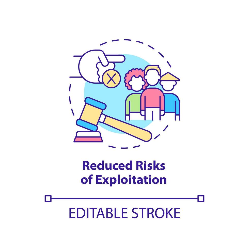 icona del concetto di rischio ridotto di sfruttamento. impatto positivo della legalizzazione degli immigrati idea astratta linea sottile illustrazione. disegno di contorno isolato. tratto modificabile. arial, una miriade di caratteri pro-grassetto utilizzati vettore