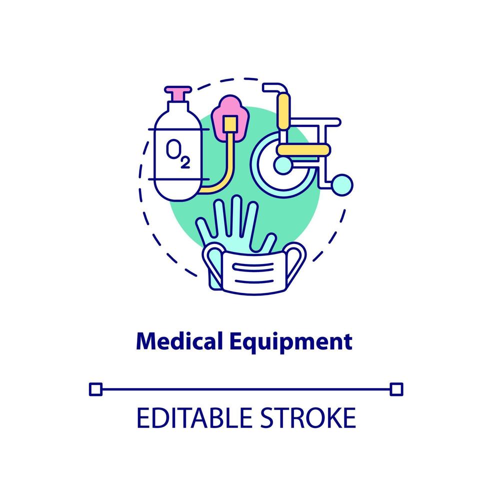 icona del concetto di attrezzatura medica. forniture per i pazienti. hospice fornito servizio astratto idea linea sottile illustrazione. disegno di contorno isolato. tratto modificabile. arial, una miriade di caratteri pro-grassetto utilizzati vettore