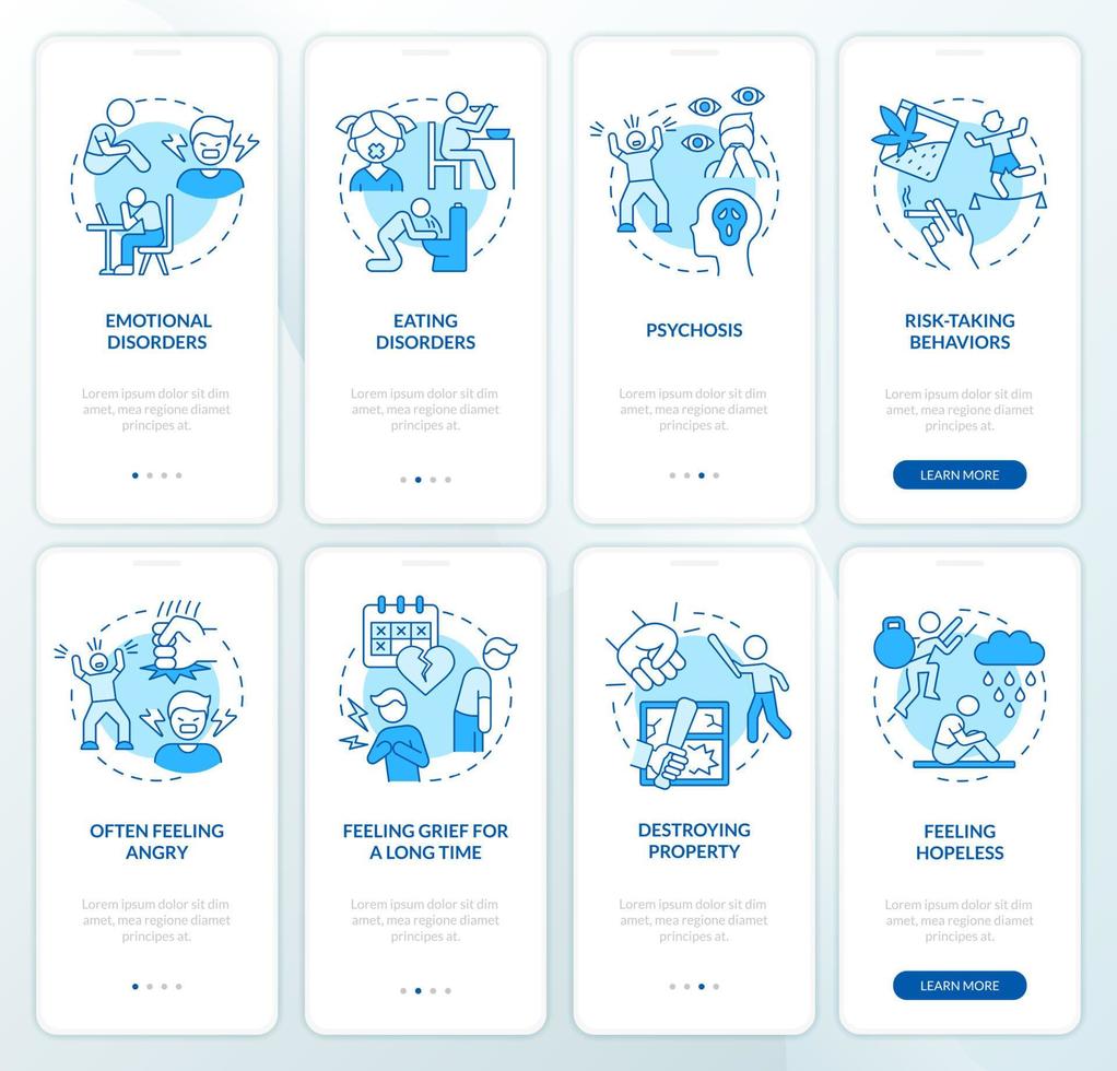 problemi di comportamento degli adolescenti set di schermate dell'app mobile per l'onboarding blu. procedura dettagliata 4 passaggi pagine di istruzioni grafiche con concetti lineari. ui, ux, modello gui. sono stati utilizzati una miriade di caratteri normali in grassetto vettore